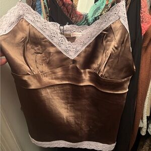 NWT SIZE L GOLD HAWK 100% silk chocolate Brown Satin Cami w/ lavender Trim
